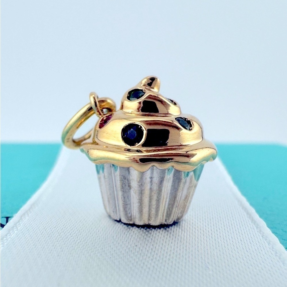 SUPER RARE Tiffany & Co. 18k Ruby Sapphire Cupcake Charm Two Tone